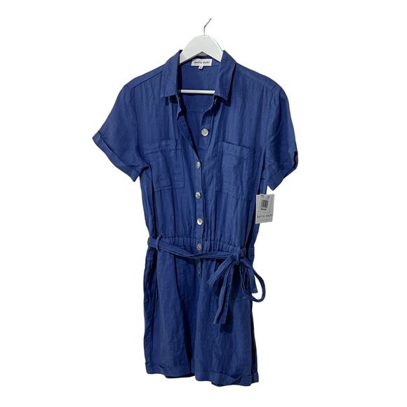 BELLA DAHL WOMENS MEDIUM 100% LINEN ROLLED HEM UTILITY SHORT ROMPER BLUE NEW - Picture 6 of 15